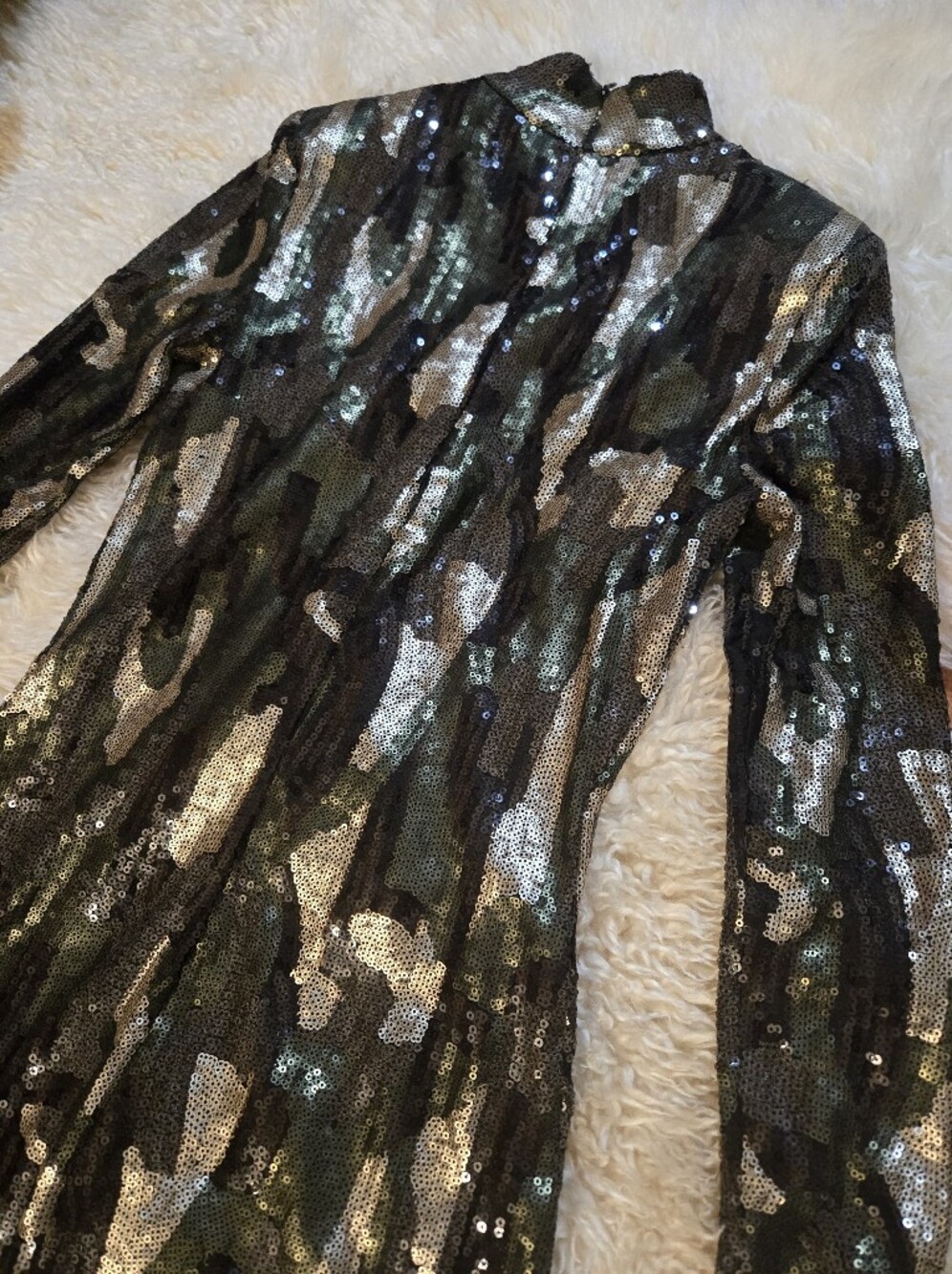 Zara Kahki Sequin Camo Bodycon High Neck Long Sleeve Midi Event Dress Size Small - Picture 12 of 14